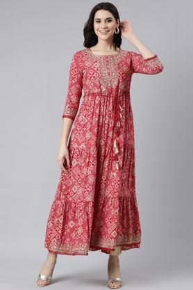 floral rayon round neck women's casual wear ethnic dress - pink