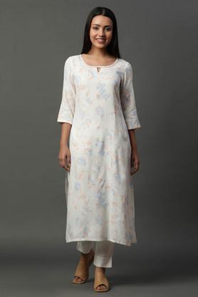 floral rayon round neck women's casual wear kurta - white