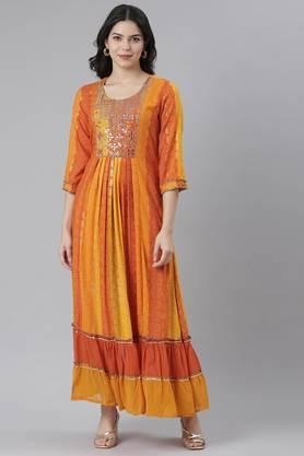 floral rayon round neck women's ethnic dress - orange