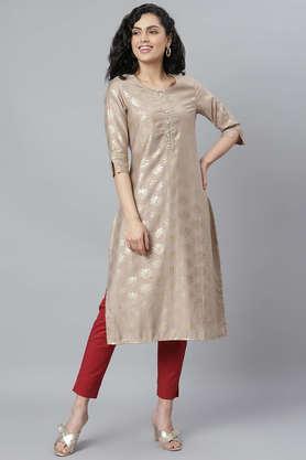 floral rayon round neck women's kurta - natural