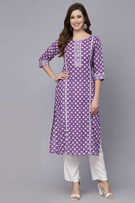 floral rayon round neck women's kurta - purple