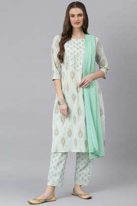 floral rayon round neck women's kurta pant dupatta set - green