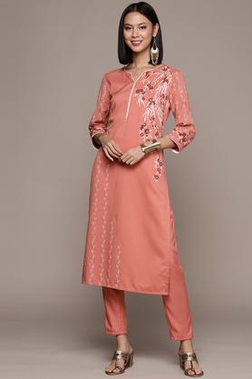 floral rayon round neck women's kurta pant set - peach