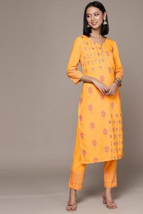 floral rayon round neck women's kurta pant set - yellow