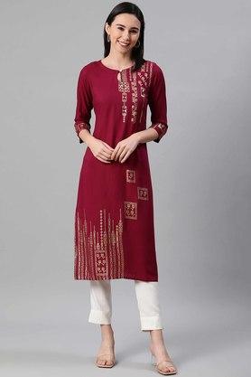 floral rayon round neck women's straight kurta - maroon