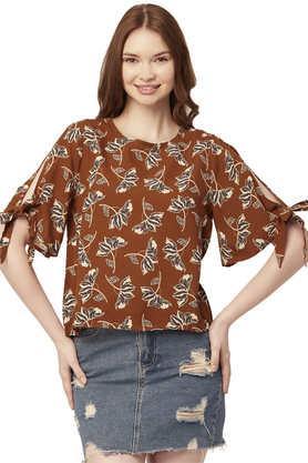 floral rayon round neck women's top - brown