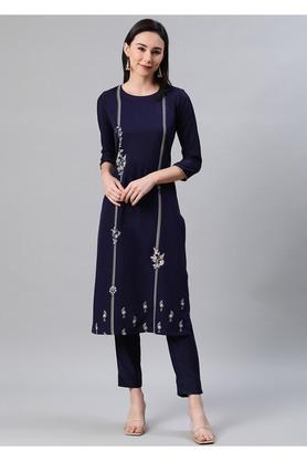 floral rayon round neck womens kurta - blue