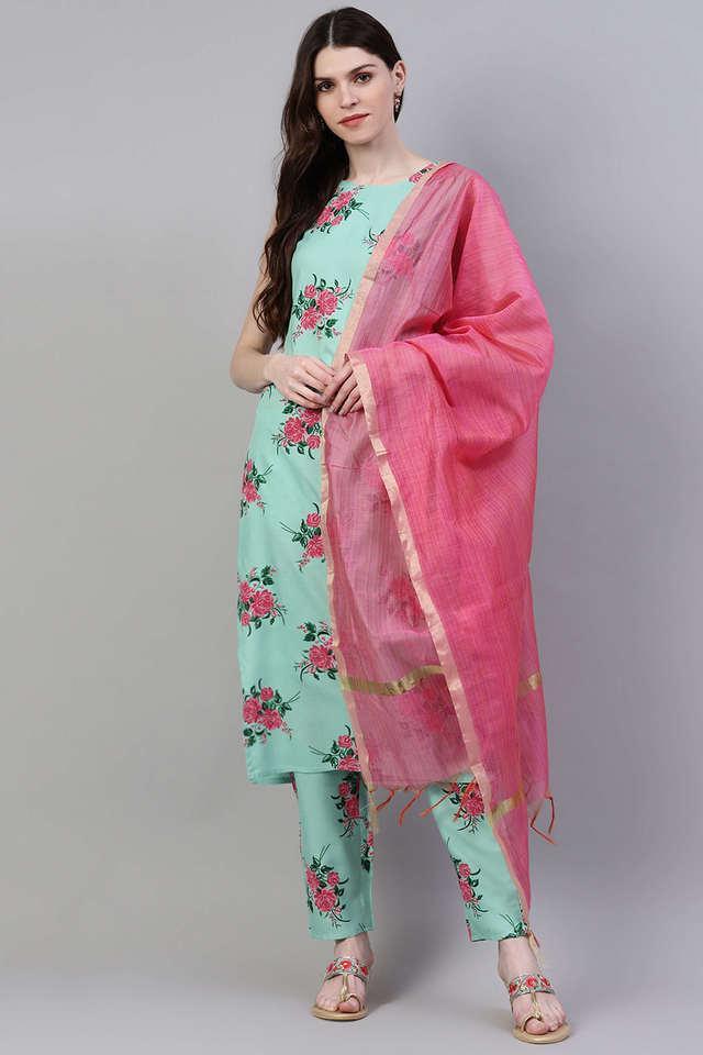 floral rayon round neck womens kurta pant dupatta set