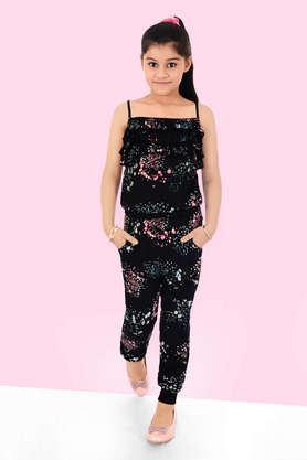 floral rayon square neck girls casual wear jumpsuit - black