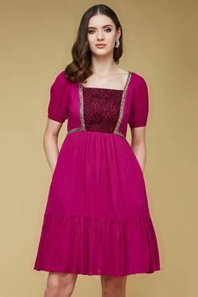 floral rayon square neck women's dress - dark pink