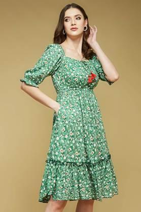 floral rayon square neck women's dress - green
