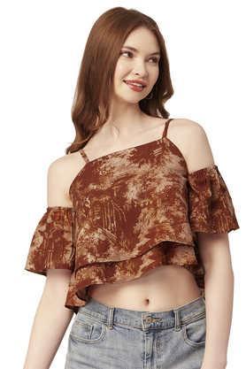 floral rayon square neck women's top - brown