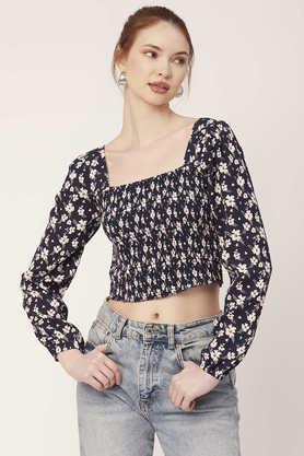 floral rayon square neck women's top - navy