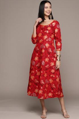 floral rayon sweetheart neck women's ethnic dress - red