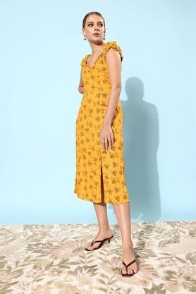 floral rayon sweetheart neck womens dress - mustard