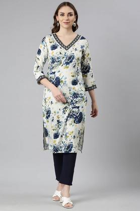 floral rayon v-neck women's casual wear kurta - blue