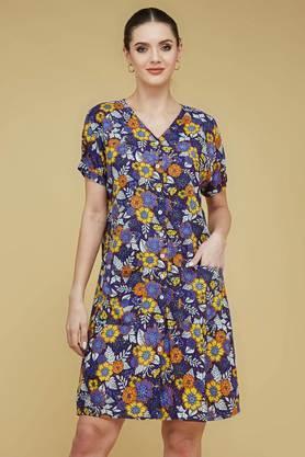 floral rayon v-neck women's dress - purple