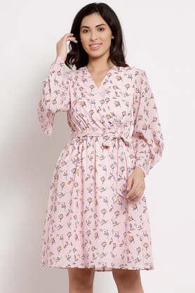 floral rayon v neck women's knee length dress - pink
