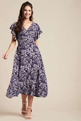 floral rayon v neck women's maxi dress - blue