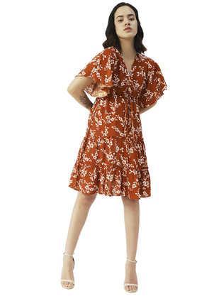 floral rayon v neck women's maxi dress - orange