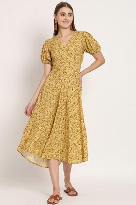 floral rayon v-neck women's midi dress - yellow