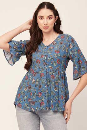 floral rayon v neck women's top - blue