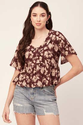 floral rayon v neck women's top - brown