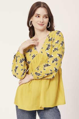 floral rayon v neck women's top - yellow