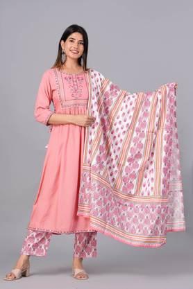 floral rayon yoke design thread work kurta & palazzos with dupatta - pink