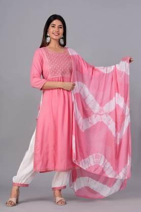 floral rayon yoke design thread work kurta & palazzos with dupatta - pink