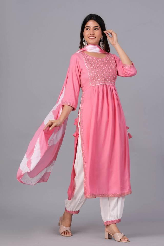 floral rayon yoke design thread work kurta _ palazzos with dupatta