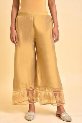 floral regular fit viscose women's festive wear pant - gold