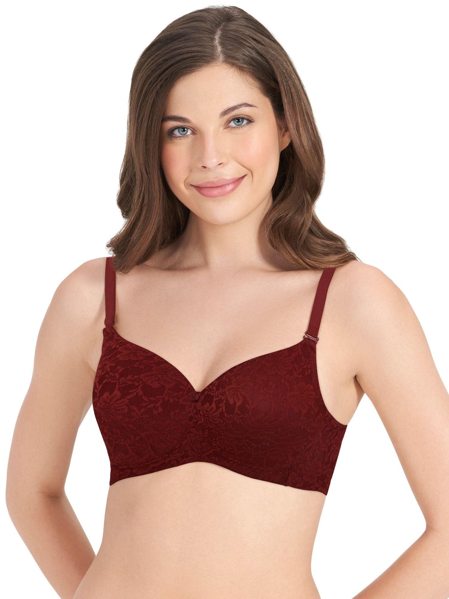 floral romance non wired lightly padded non-wired lace bra-maroon