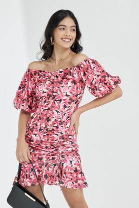 floral round neck blended women's knee length dress - multi