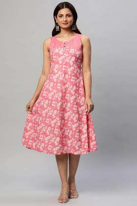 floral round neck cotton women's knee length dress - peach