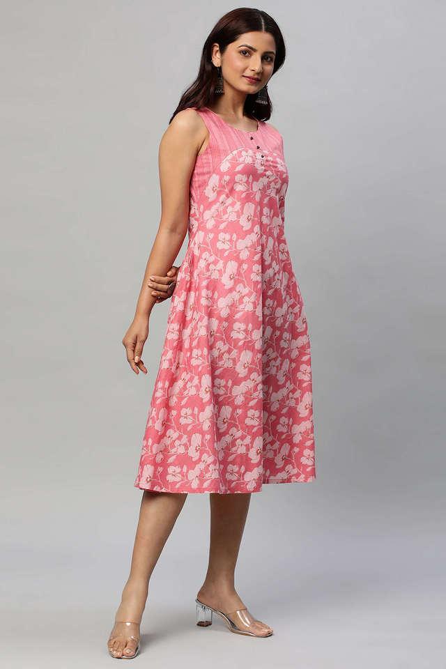 floral round neck cotton womens knee length dress