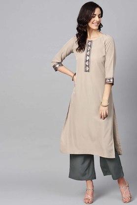 floral round neck crepe women's ethnic set - natural