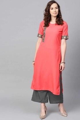 floral round neck crepe women's ethnic set - peach