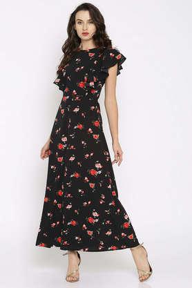 floral round neck crepe women's maxi dress - black