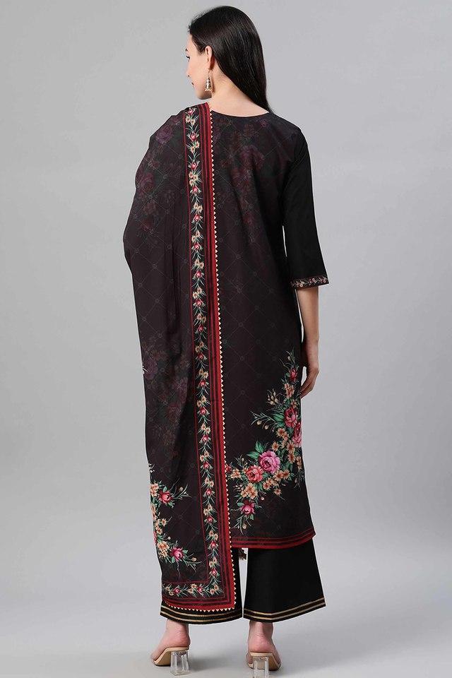 floral round neck crepe womens salwar kurta and dupatta set