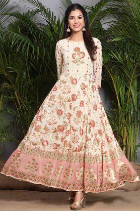 floral round neck flared women's ethnic dress - ivory