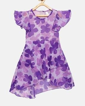 floral round neck frill half sleeve dress for girls