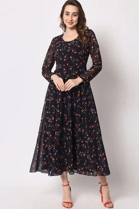 floral round neck georgette women's ankle length ethnic dress - black