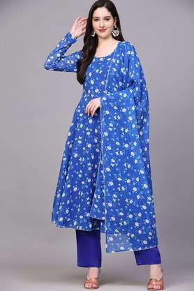 floral round neck georgette women's calf length ethnic dress - royal blue