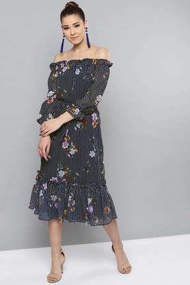 floral round neck georgette women's midi dress - blue