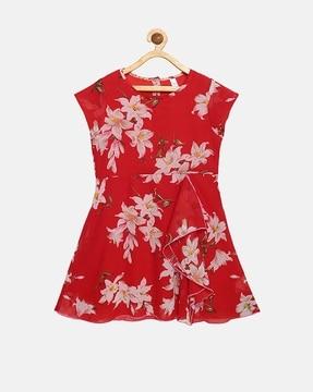 floral round neck kimono sleeve dress for girls