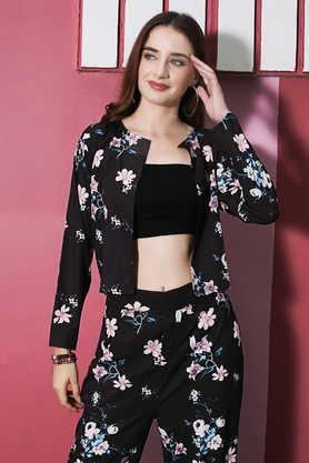 floral round neck polyester women's casual wear shrug - black