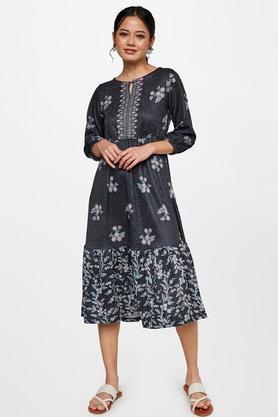 floral round neck polyester women's flared fit midi dress - grey