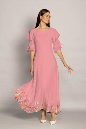 floral round neck polyester women's full length dress - baby pink