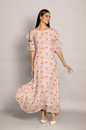 floral round neck polyester women's full length dress - pink